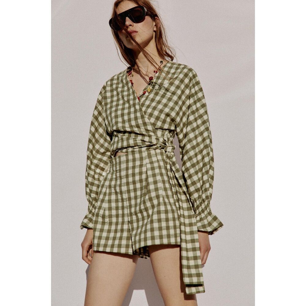 ZARA Gingham Pleated Shorts NWT S Green High Rise Cottagecore